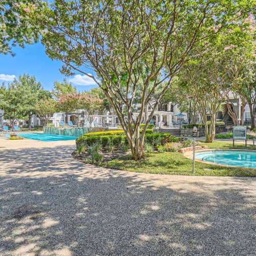 Lush landscaping by the pool at Wildwood Creek in Grapevine, Texas