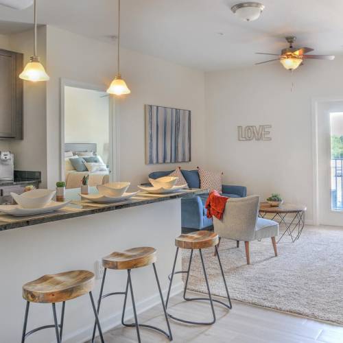 Modern kitchen with granite countertops and stainless-steel appliances at 10 Newbridge in Asheville, North Carolina