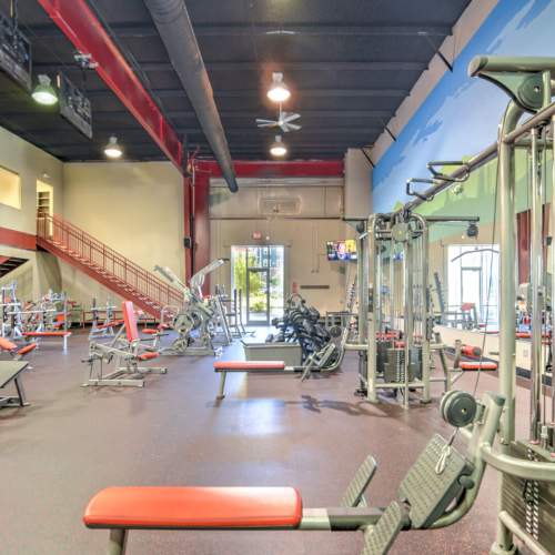 Well-equipped fitness center at 10 Newbridge in Asheville, North Carolina