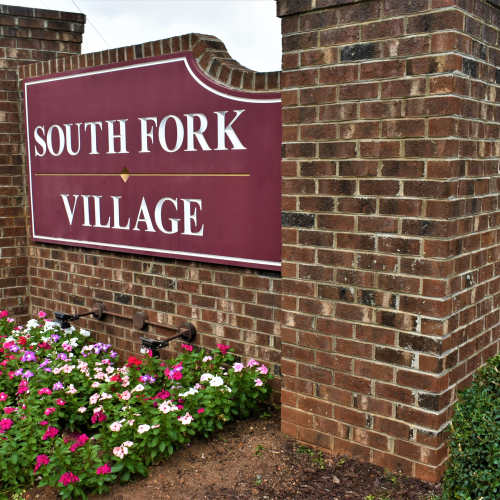 Community entrance sign at South Fork Village in Belmont, North Carolina