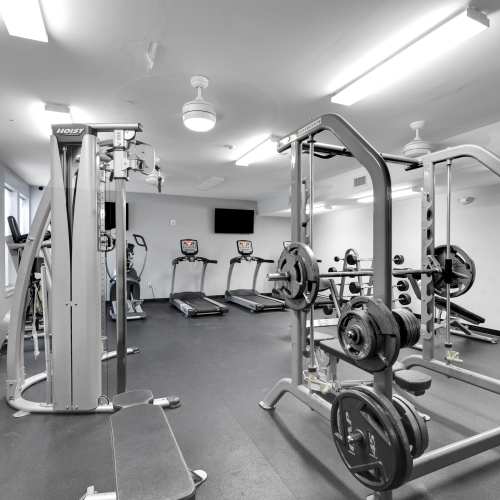 Various gym equipment in the gym at The Edge in Pensacola, Florida