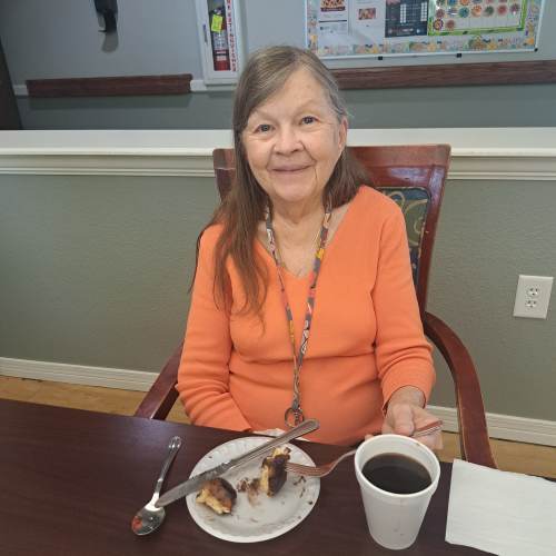 Resident smiling at Saunders House in Wahoo, Nebraska