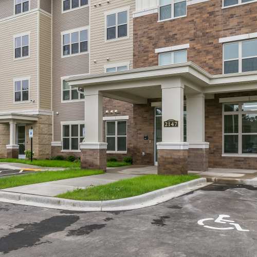 Exterior view of the modern apartment at Eva Manor in Pleasant Prairie, Wisconsin