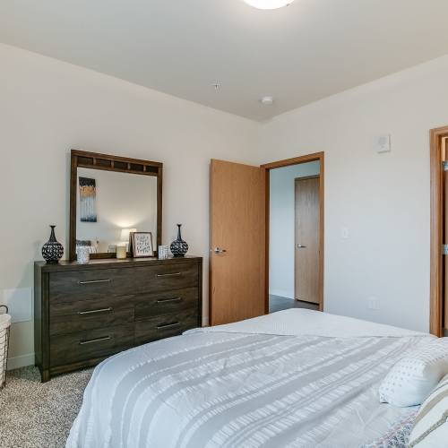 Apartment bedroom at Eva Manor in Pleasant Prairie, Wisconsin