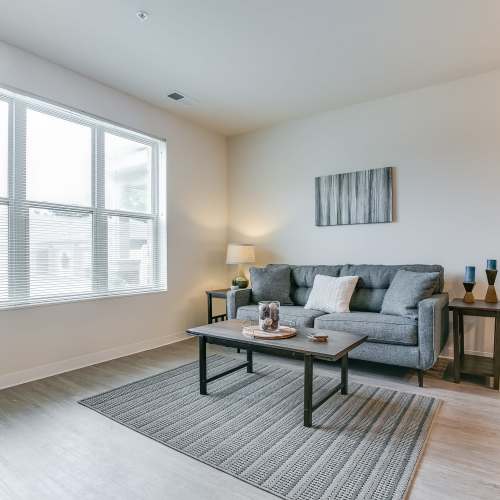 Modern living room with couch at Eva Manor in Pleasant Prairie, Wisconsin