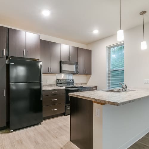 View of the modern kitchen at Eva Manor in Pleasant Prairie, Wisconsin