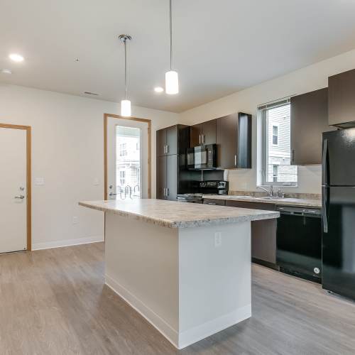 View of apartment kitchen at Eva Manor in Pleasant Prairie, Wisconsin
