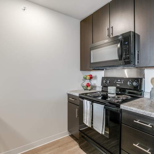 Kitchen with black appliances at Whitetail Ridge in Salem, Wisconsin