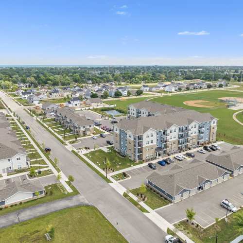 Community aerial view long shot at Union Court Senior Apartments and Townhomes in Kenosha, Wisconsin