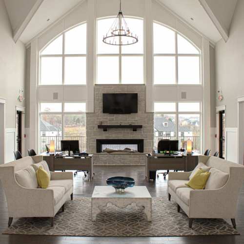Clubhouse lounge with fireplace at West Edge in Lynchburg, Virginia