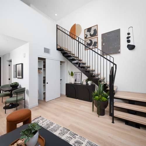 Living room top view from loft at Vivien in Los Angeles, California