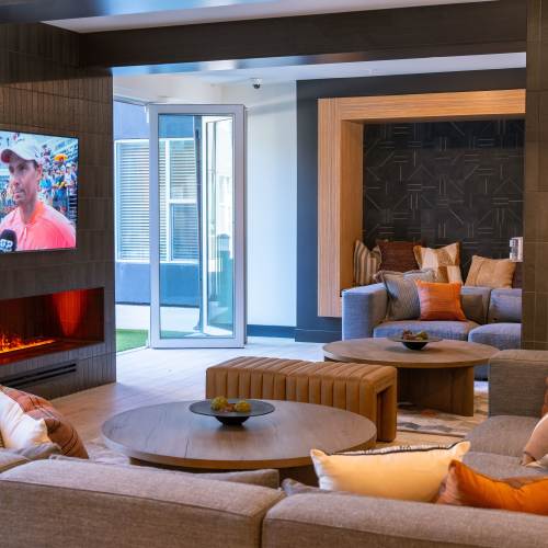 Clubhouse with fireplace at Legends 267 Apartments in Kansas City, Kansas