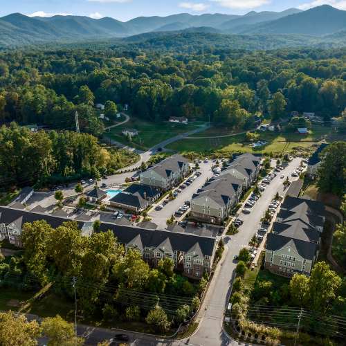 Aerial view of the apartment community and surrounding neighborhood at Dilworth in Asheville,North Carolina
