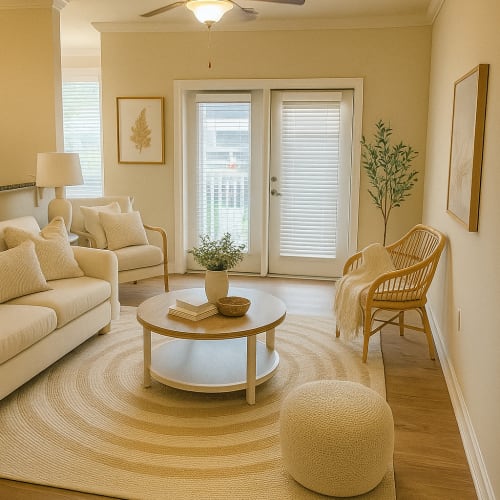 Seating area with couch and TV setup at Groves at Berry Creek in Duncan, South Carolina