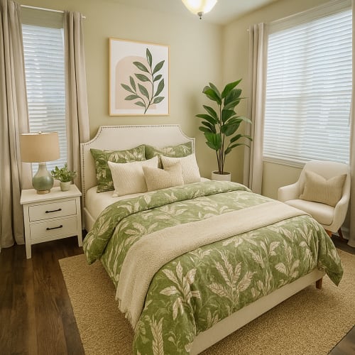 Primary bedroom with ceiling fan and natural light at Groves at Berry Creek in Duncan, South Carolina