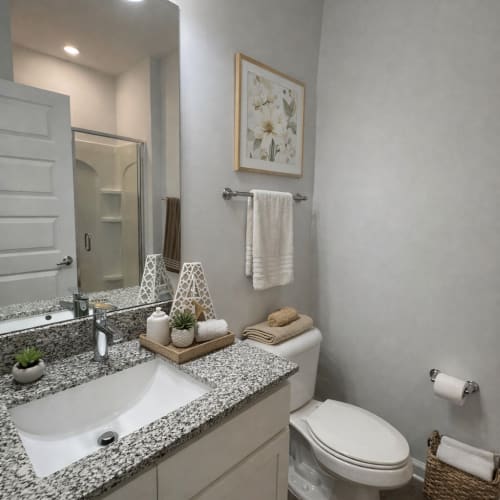 Upgraded apartment bathroom with modern finishes at Avalon of Wilmington in Wilmington, North Carolina