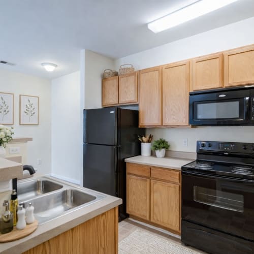 Modern apartment kitchen with black appliances and functional layout at Avalon of Wilmington in Wilmington, North Carolina