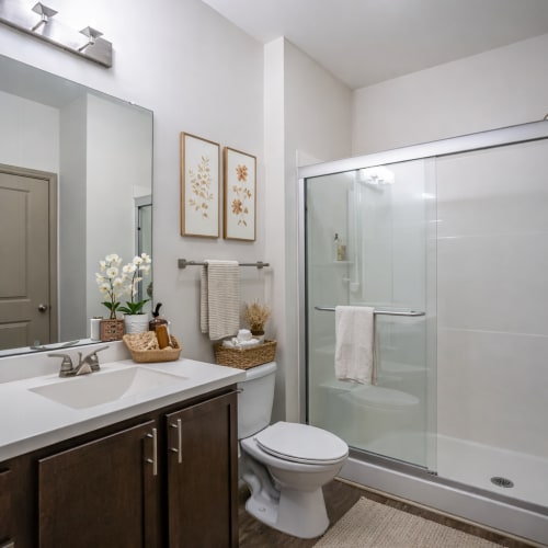 Apartment bathroom with tub and shower combination at 811 East Downtown in Knoxville, Tennessee