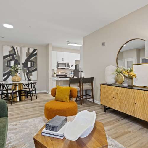 Living room with couch at Flatiron West Trade in Charlotte, North Carolina