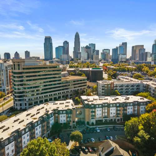 Aerial view of the complete community at Flatiron West Trade in Charlotte, North Carolina
