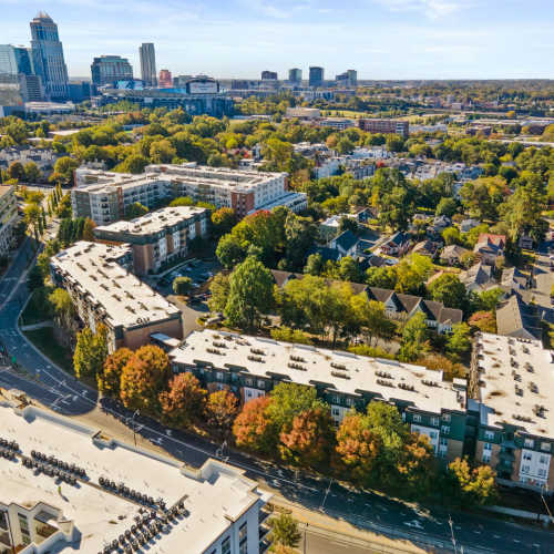 Aerial shot of the community at Flatiron West Trade in Charlotte, North Carolina
