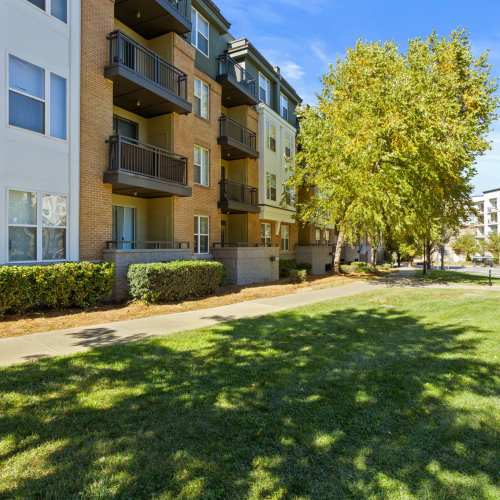 Building view with green space all around at Flatiron West Trade in Charlotte, North Carolina