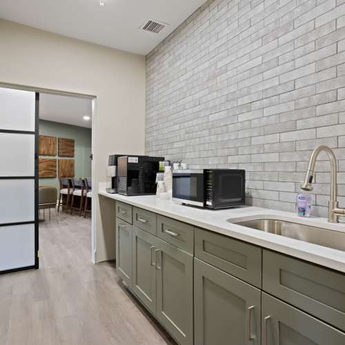 Lounge kitchen at Flatiron West Trade in Charlotte, North Carolina