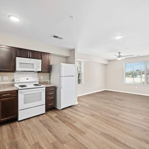 Kitchen with granite countertops at Five Points Crossing in Rocky Mount, North Carolina