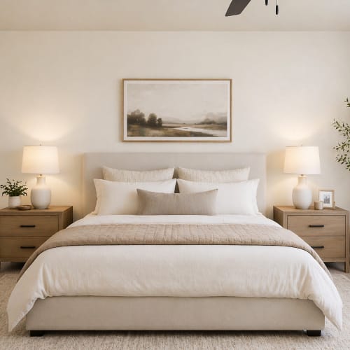 Furnished primary bedroom with natural light at Villas at Marlin Bay in Clover, South Carolina