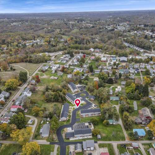 Aerial view of community layout near Plumly Townhomes in Barnesville, Ohio