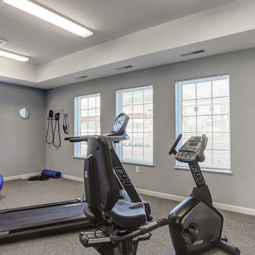 Fitness center with cardio equipment, large windows, and natural light streaming in at Brookside Commons in Traverse City, Michigan