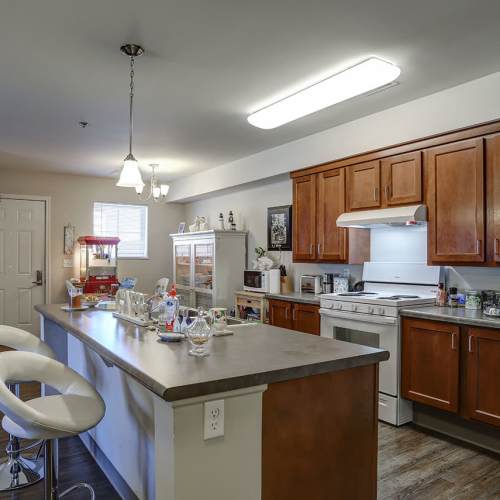 Modern kitchen with granite countertops, stainless steel appliances, and wood-style flooring, featuring a spacious island and pendant lights at Brookside Commons in Traverse City, Michigan