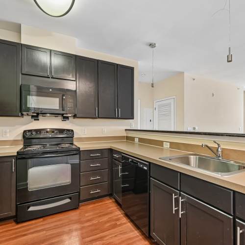 Modern kitcen with stainless-steel appliances at Burgess Mill Station in Ellicott City, Maryland