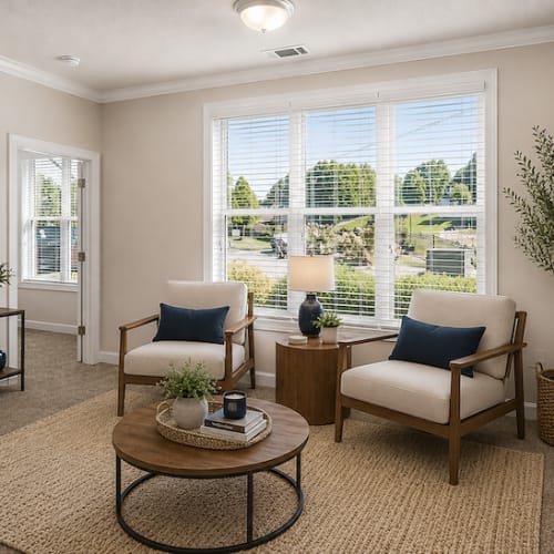 Spacious living room with carpet flooring and natural light at Dilworth in Asheville,North Carolina
