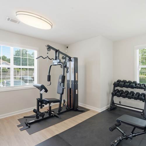 Compact fitness room with cable weight machine, dumbbell rack, and large windows providing natural light  at The George Apartment Homes in Savannah, Georgia