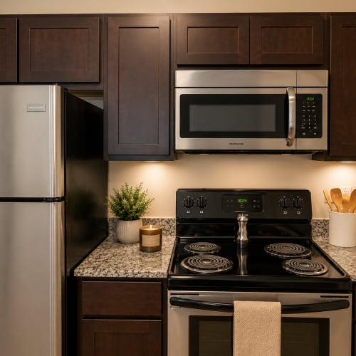 Fully equipped kitchen with granite countertops stainless steel appliances like a refrigerator, stove, and drawer microwave at Villas at Fort Mill in Fort Mill, South Carolina