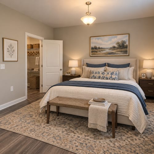 Furnished bedroom at Seasons at Cane Creek in Fletcher, North Carolina
