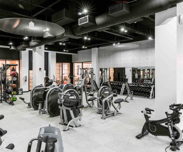 Fully equipped modern fitness center at Campus Life & Style in Austin, Texas