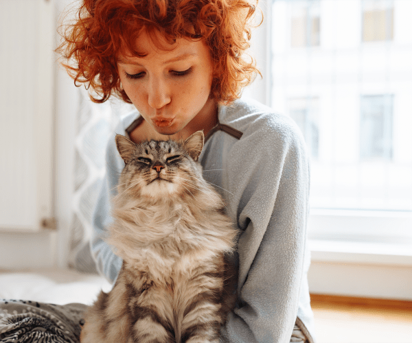 Resident playing with her cat in pet-friendly apartment at The Abbey at Stone Oak in San Antonio, Texas 