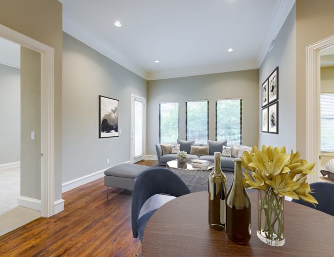 Spacious living room at Rienzi at Turtle Creek Apartments in Dallas, Texas