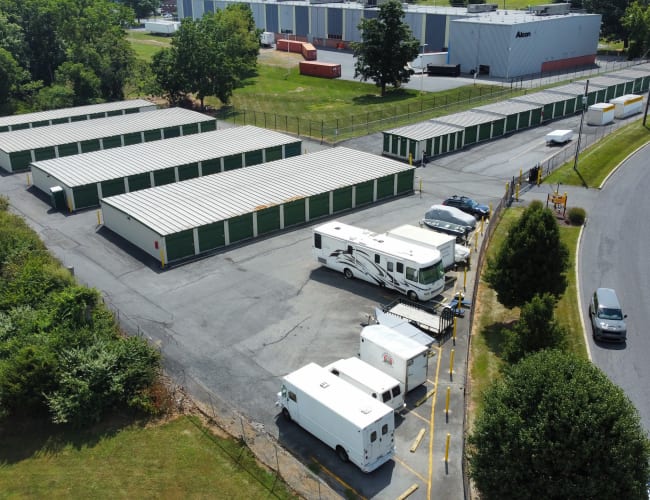 Outdoor units, large enough to store motorcycles and classic cars, at Storage World in Sinking Spring, Pennsylvania