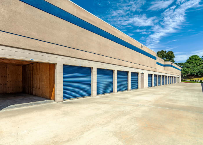 A driveway between storage units at Mira Mesa Self Storage in San Diego, California