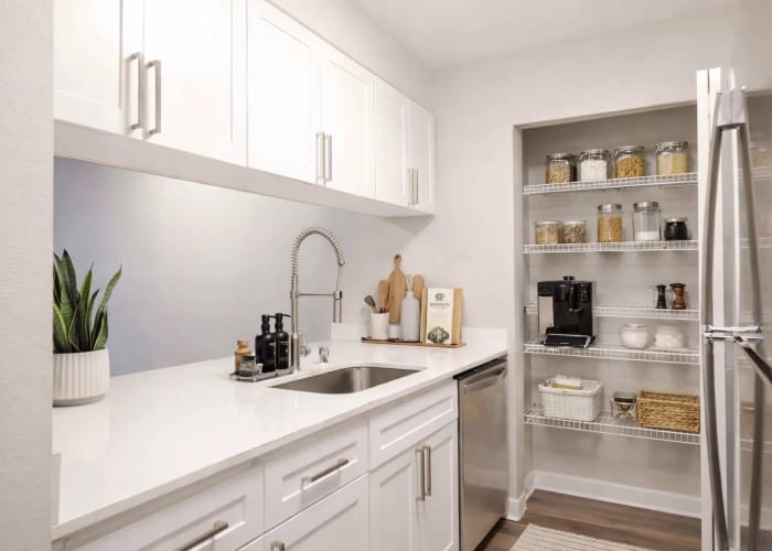 Model apartment's bedroom with ample closet space and plush carpeting at Vantage Park Apartments in Seattle, Washington