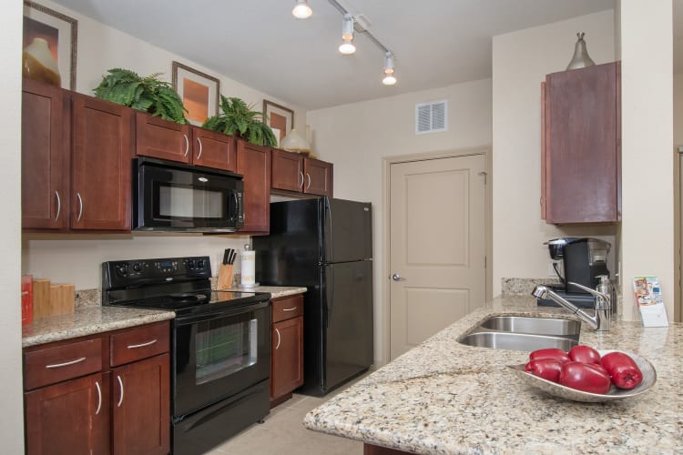 Beautiful gourmet kitchen with antique-style cabinetry and granite countertops in a model home at Villas Tech Ridge in Pflugerville, Texas