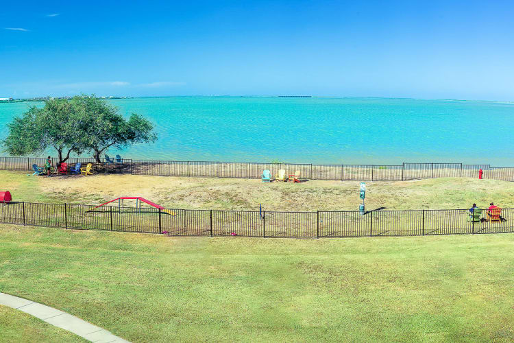 Resident dog relaxing on the grass with a ball outside her new home at Baypoint in Corpus Christi, Texas