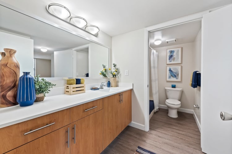 Bathroom vanity with copious amounts of cabinetry at Bull Run Apartments in Miami Lakes, Florida