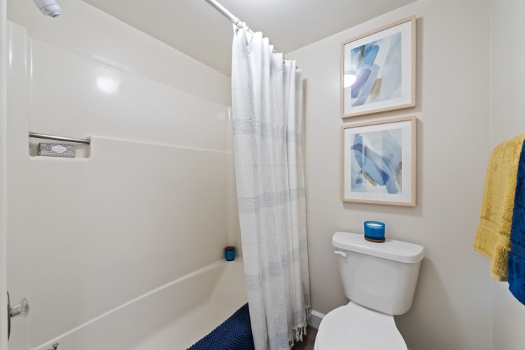 Model bathroom with shower and bathtub combination at Bull Run Apartments in Miami Lakes, Florida