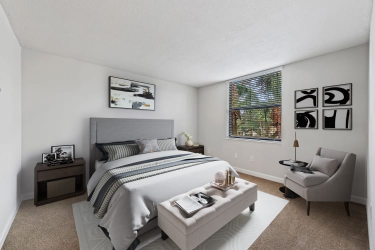 Beautiful and spacious model bedroom at Bull Run Apartments in Miami Lakes, Florida