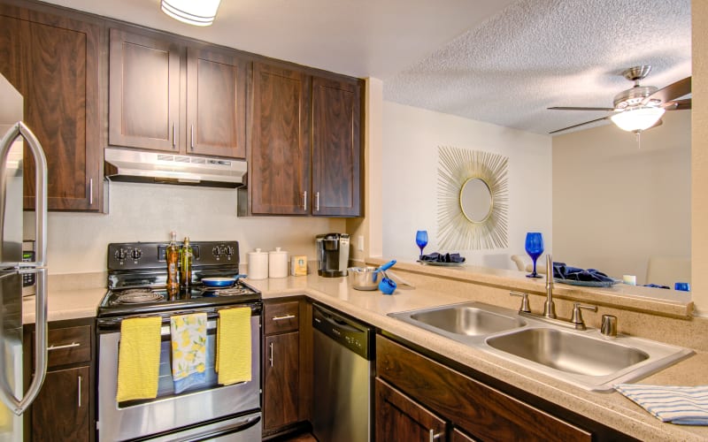 A renovated kitchen with espresso cabinetry at Lakeview Village Apartments in Spring Valley, California