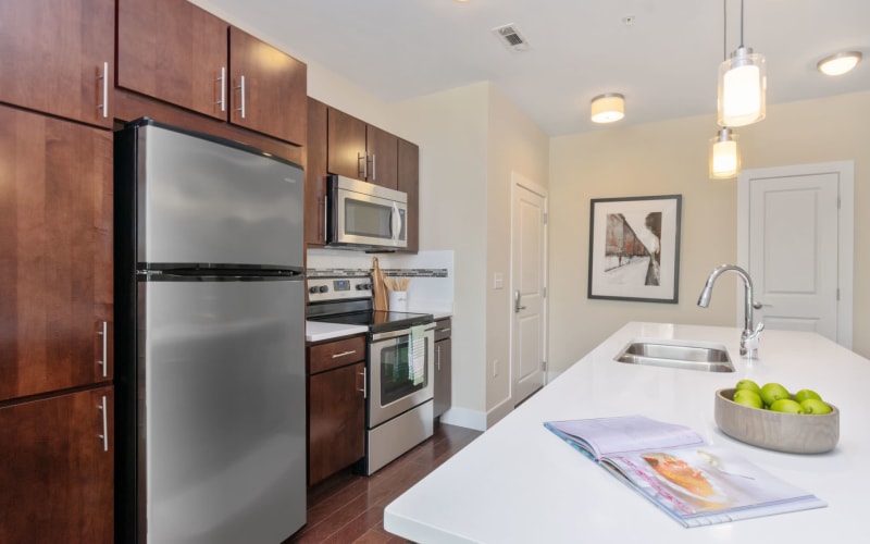 Kitchen area featuring stainless steel appliances at Riverbend on the Charles in Watertown, Massachusetts